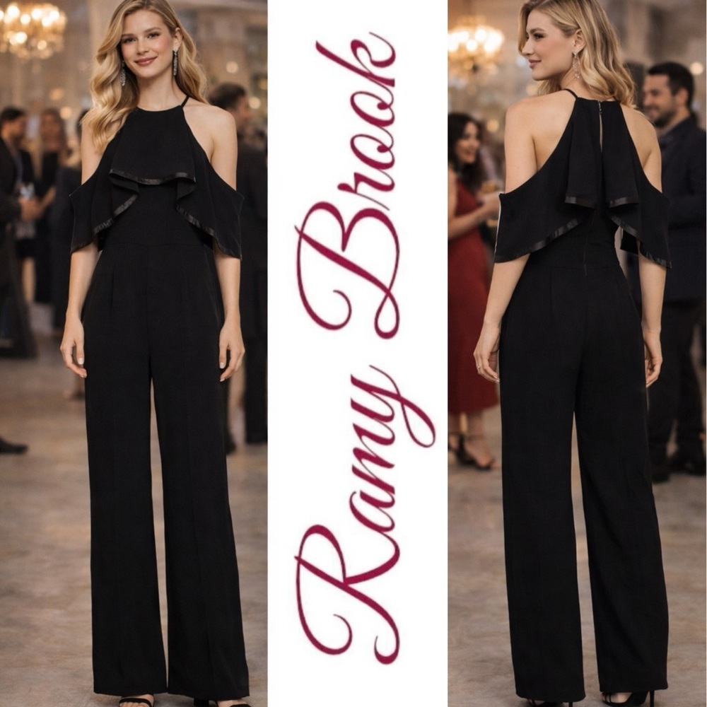 NWT RAMY BROOK Estelle Black Halter Wide Leg Luxe Crepe Jumpsuit Resortwear, XS‎